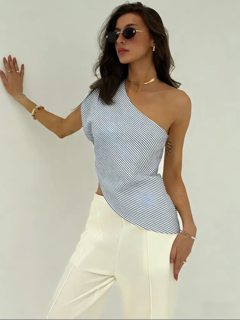 Women’s One-Shoulder Blue Stripe Top with White Wide-Leg Pants Size XL
